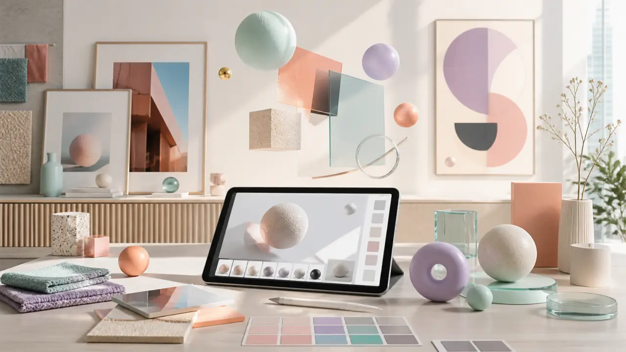 Composition 3D abstraite et pastel pour illustrer l’art numérique