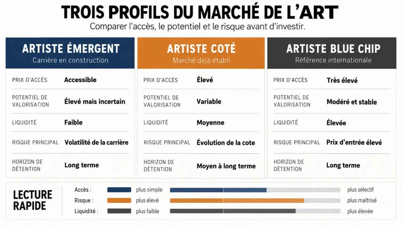 Infographie sur pourquoi investir dans des oeuvres d art de jeunes artistes et comparaison avec les artistes cotés et Blue Chip