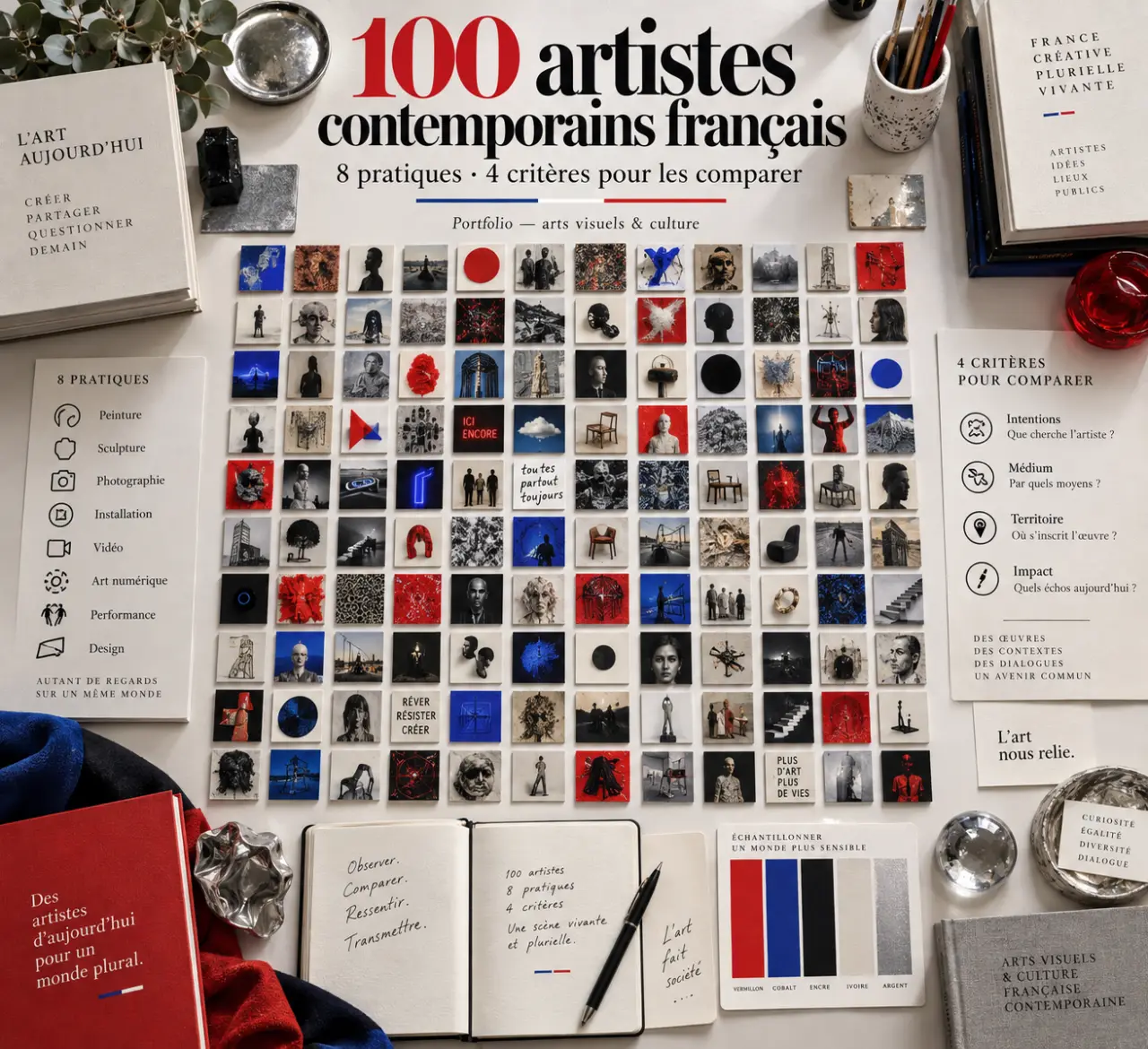 100 artistes contemporains français : 8 pratiques et 4 critères pour les comparer