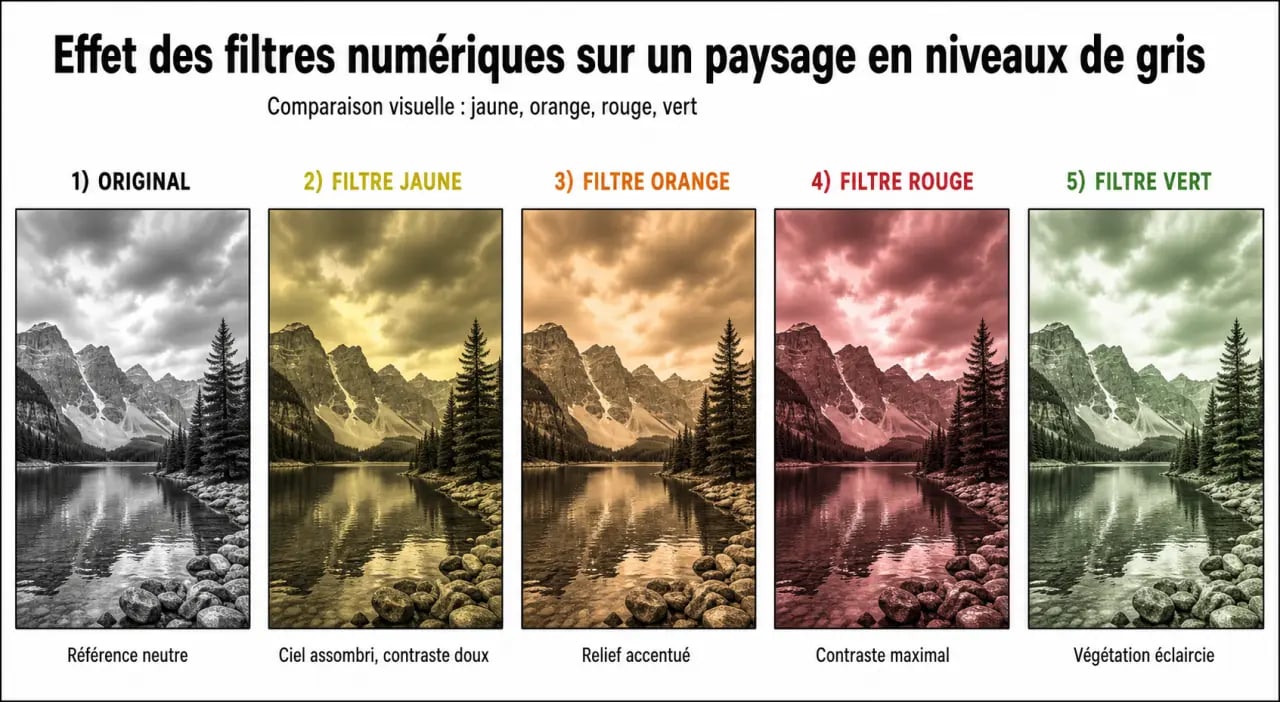 Comparaison des effets de filtres pour photographier en noir et blanc
