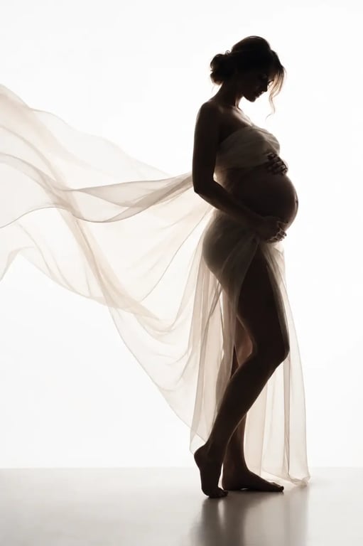 Photos femmes enceintes artistiques en contre-jour avec tissu en mouvement