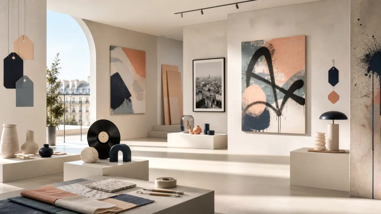 Composition 3D pastel évoquant l'art et le design contemporain