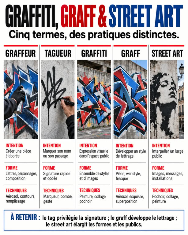 Infographie expliquant les différences entre un graffeur, un tagueur, le graffiti, le graff et le street art
