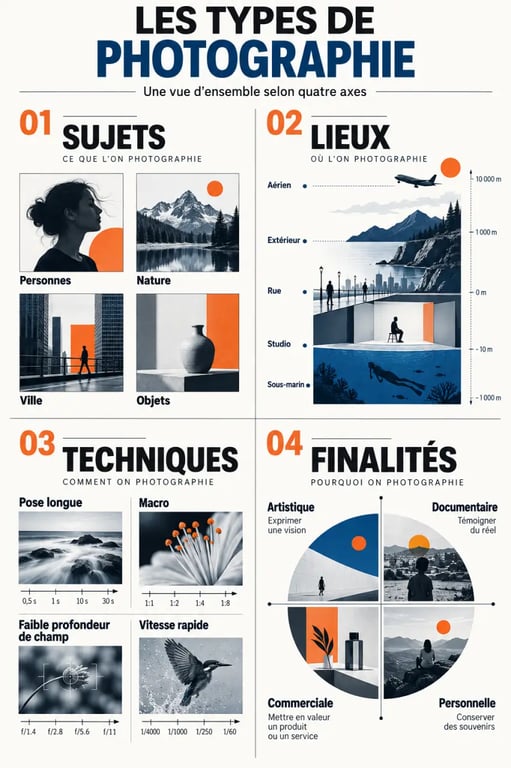 Infographie présentant les principaux types de photographie selon le sujet, le lieu, la technique et la finalité