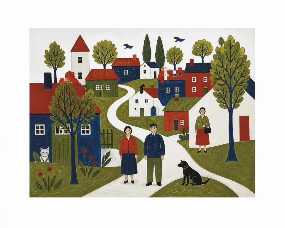 Art naif contemporain dans une scène de village colorée aux couleurs franches et à la perspective libre