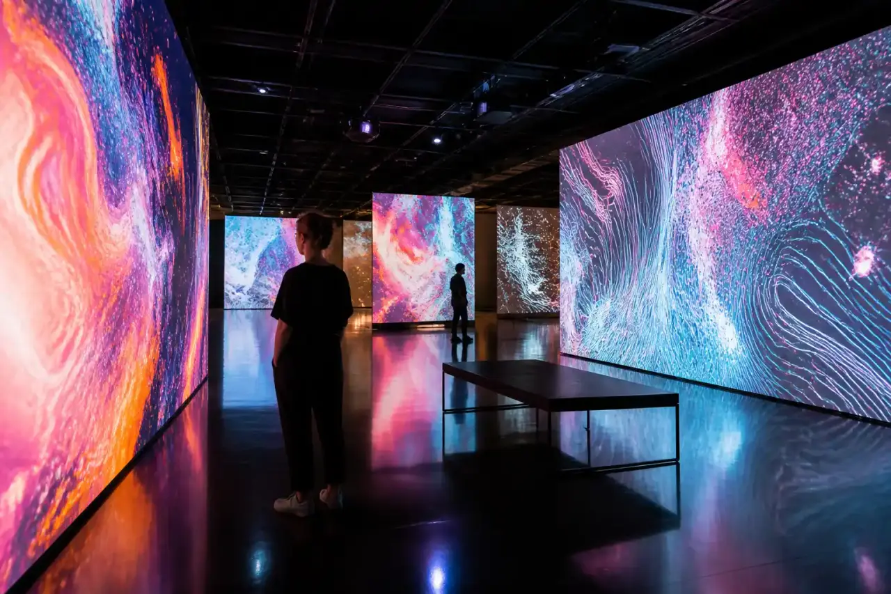 Scénographie d'une exposition d'art numérique en style 3D doux
