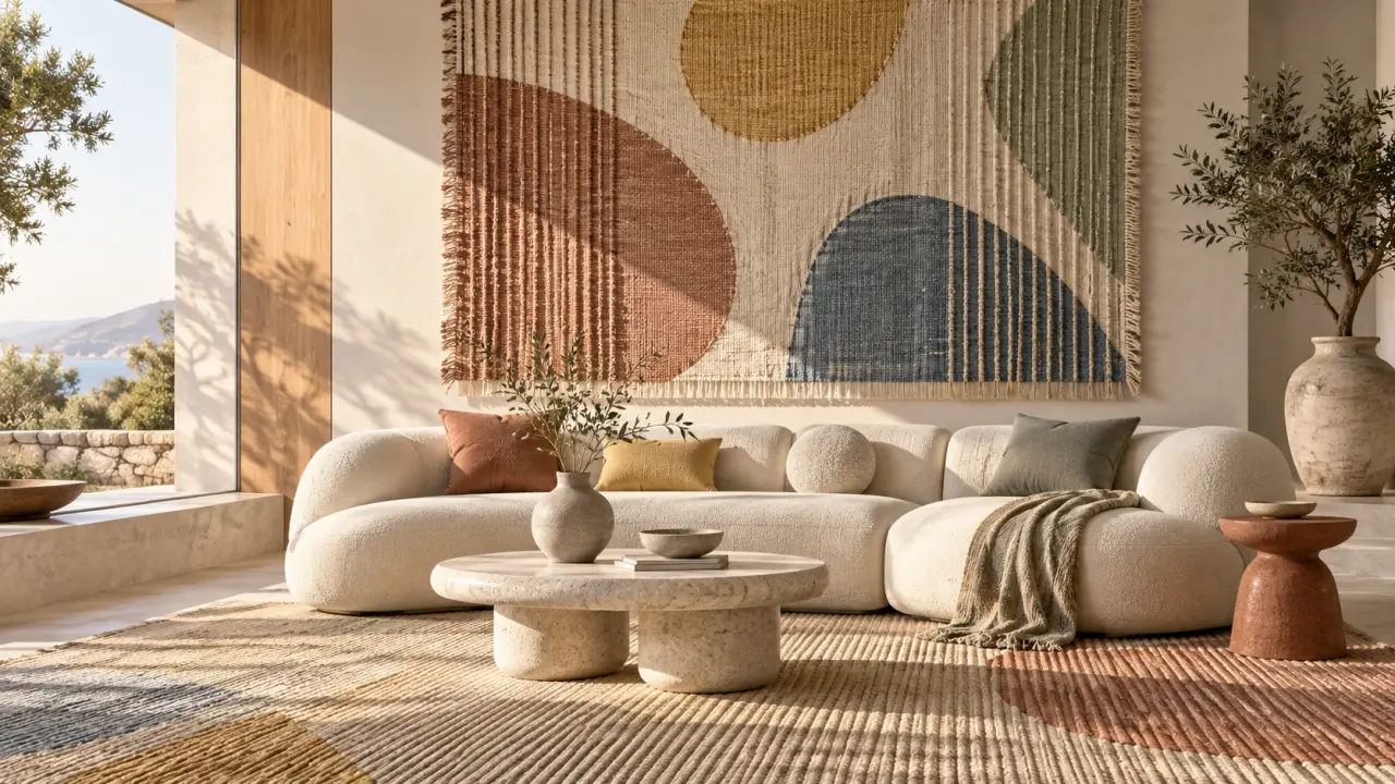 Échantillons de textiles aux motifs organiques dans une atmosphère intérieure douce