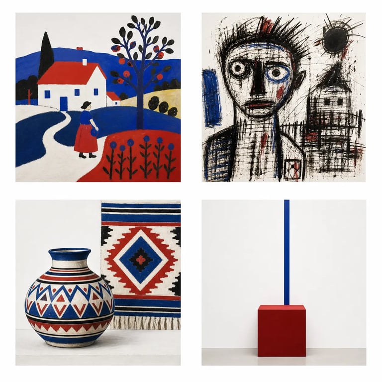 Comparaison art naif contemporain, art brut, art populaire et art contemporain dans une composition visuelle en quatre panneaux