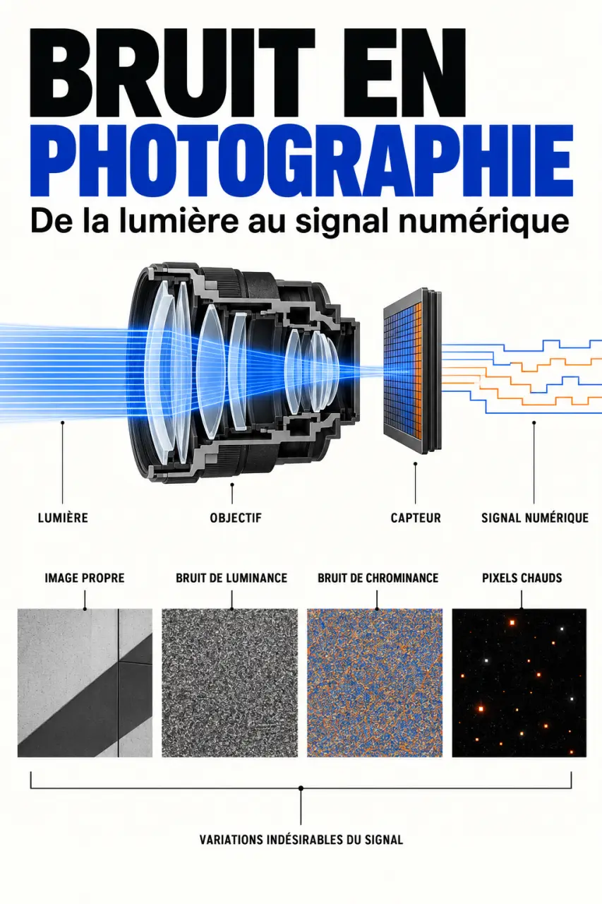 Schéma explicatif du bruit photographie : luminance, chrominance et pixels chauds sur un capteur
