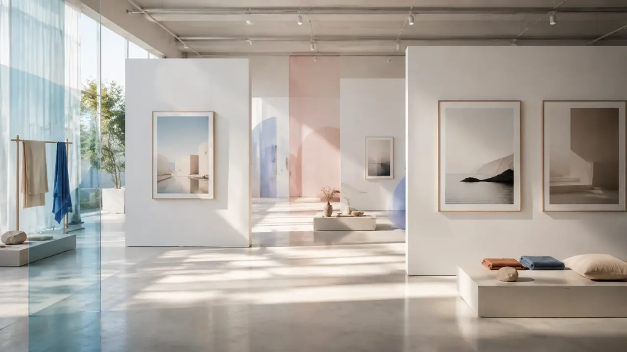 Scénographie d'une expo photo minimaliste aux tons pastel