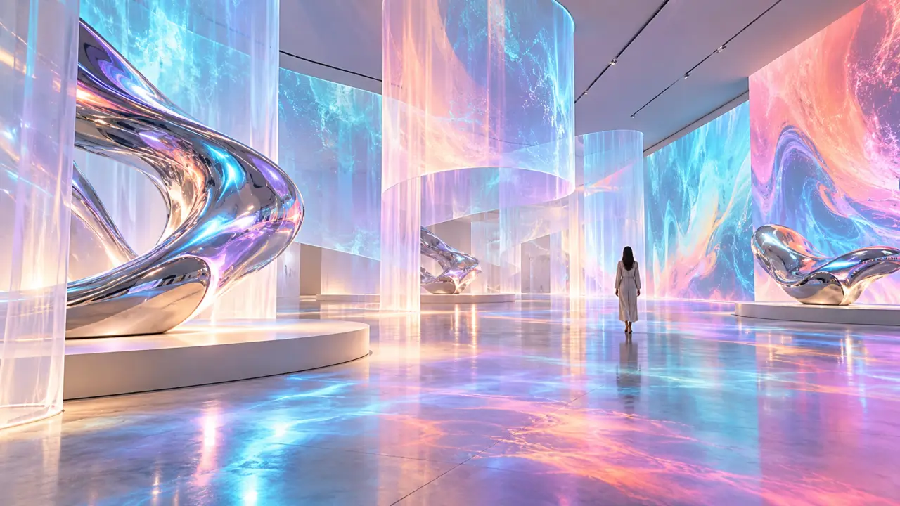 Installation d’art numérique immersive avec projections colorées et formes abstraites