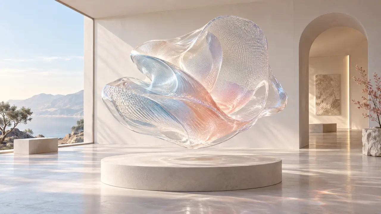 Composition abstraite en 3D aux formes pastel, évoquant un art numérique presque immobile