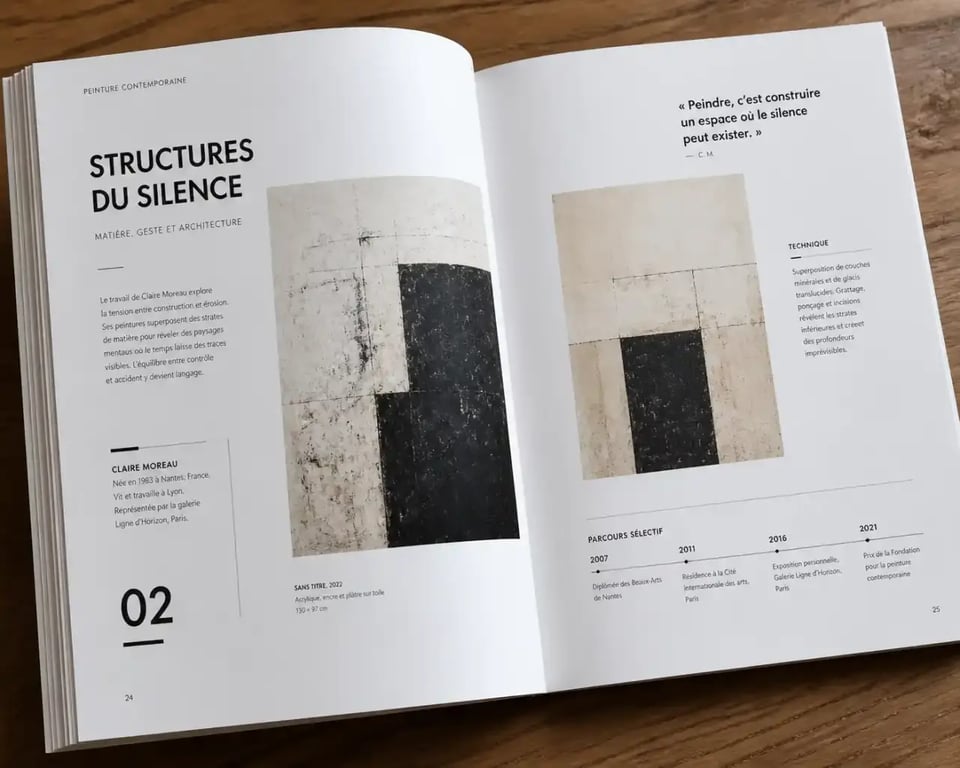 Monographie d'art contemporain ouverte sur une table