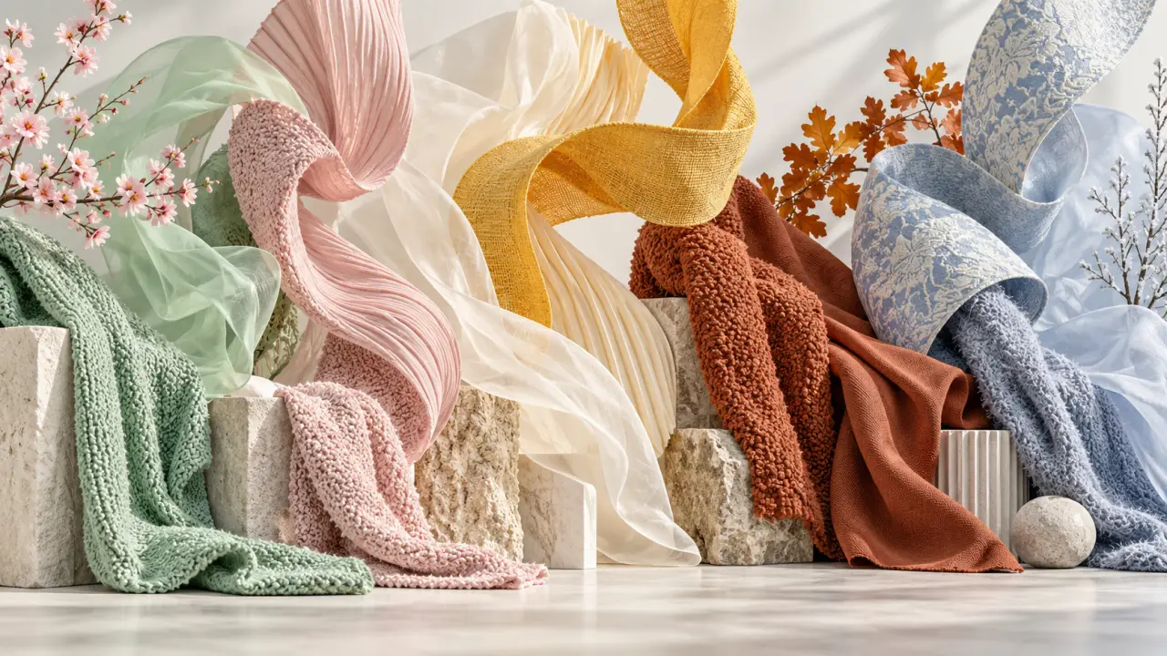 Composition abstraite de textiles contemporains aux textures et couleurs saisonnières