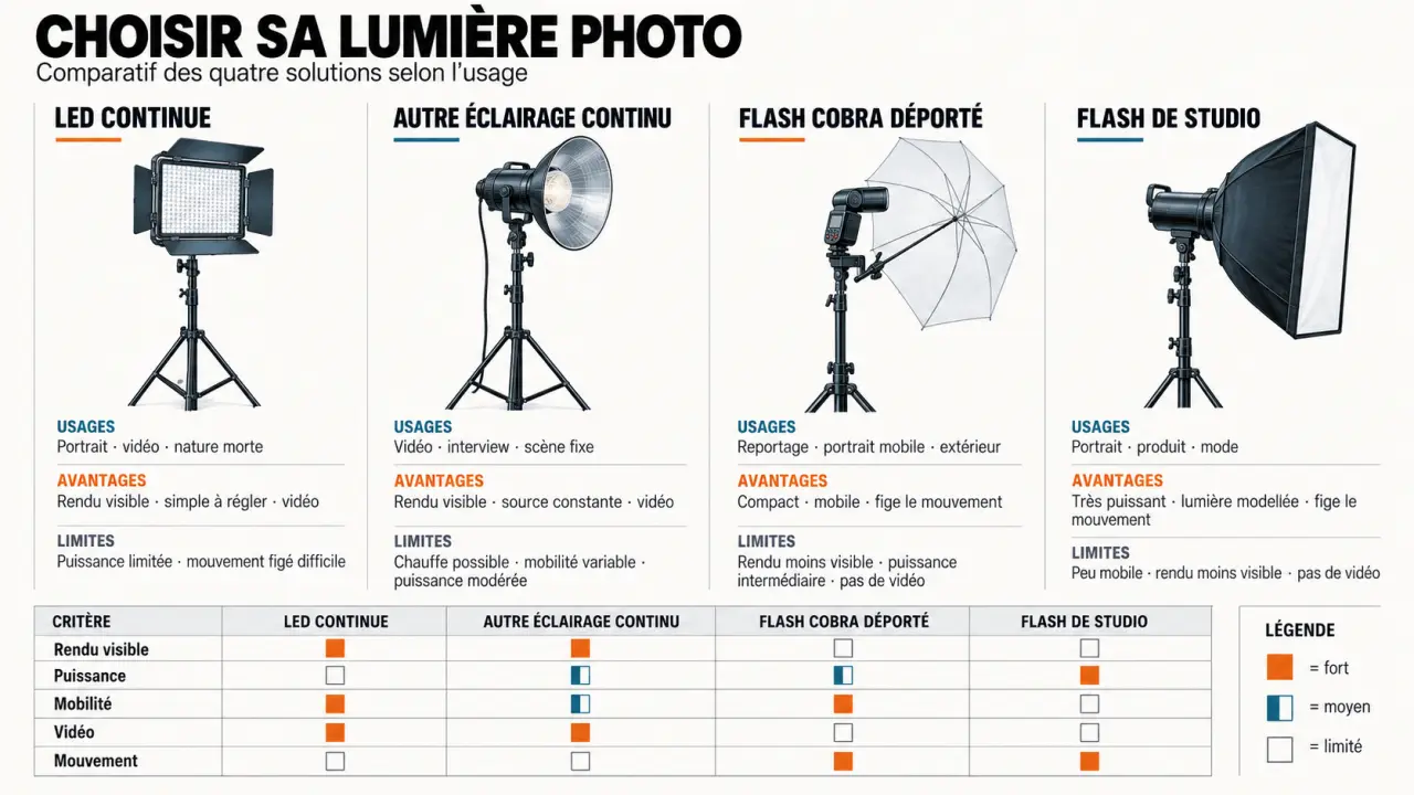 Comparaison de lumière photo entre LED continue, flash cobra et flash de studio