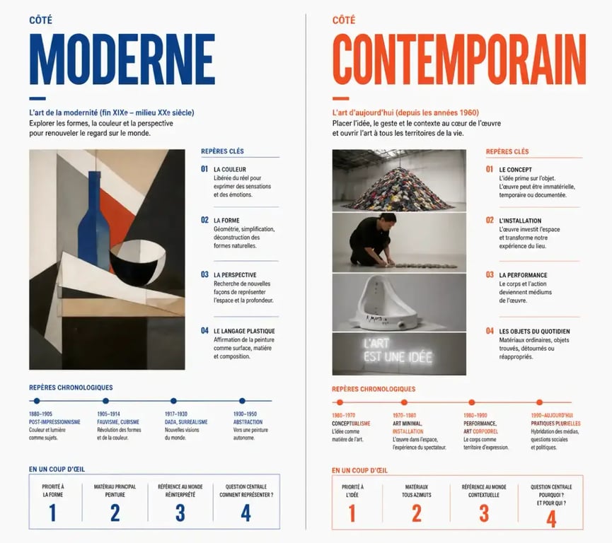 Art moderne et art contemporain : comparaison visuelle des périodes, des supports et des intentions