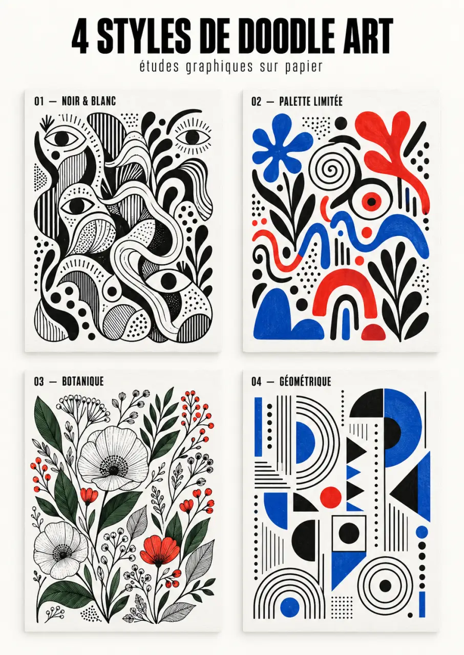 Exemples de styles de doodle art végétal, géométrique, coloré et noir et blanc