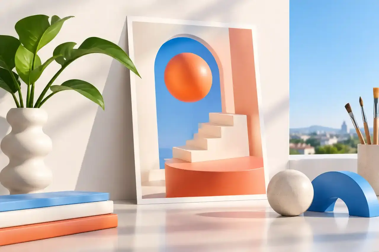 Composition 3D minimaliste composée de formes pastel flottantes sur un fond gris clair