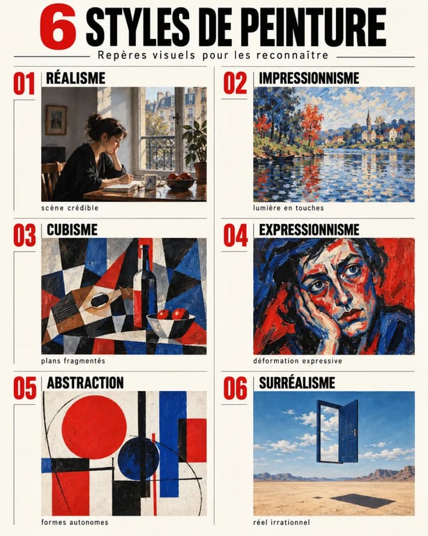 Infographie comparative des principaux styles de peinture : réalisme, impressionnisme, cubisme, expressionnisme, abstraction et surréalisme