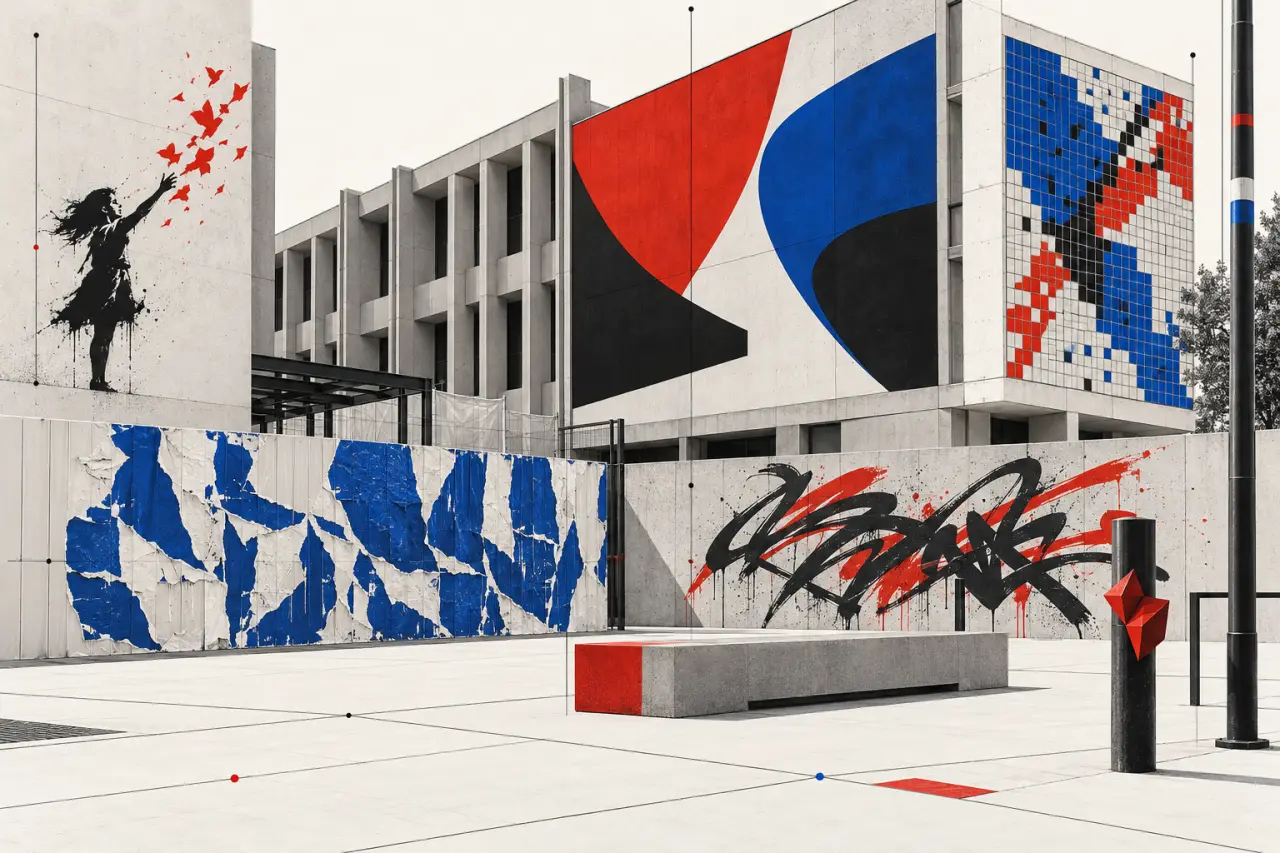 Définition du street art illustrée par un pochoir, un collage, une fresque, une mosaïque et un graffiti dans l'espace public