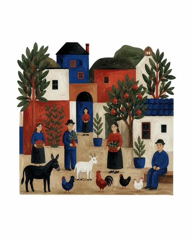 Art naif contemporain dans une scène de village colorée aux couleurs franches et à la perspective libre