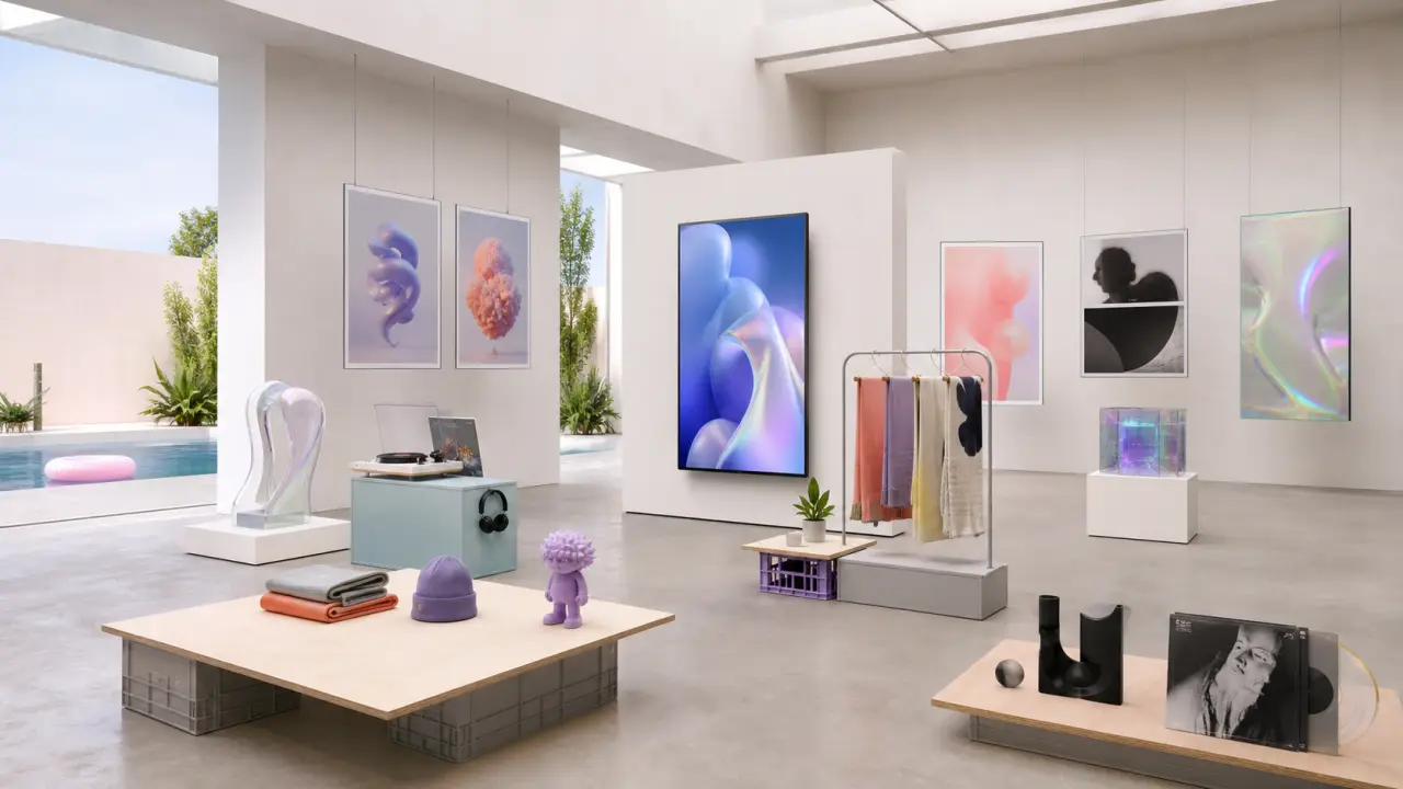 Composition abstraite 3D pour illustrer l’exposition d’art numérique à budget maîtrisé