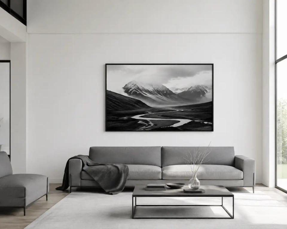 Tableau photographie dans un salon contemporain au-dessus d’un canapé gris