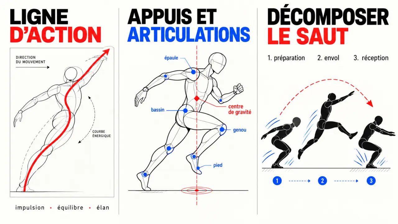 Dessin mouvement arts plastiques : décomposition d'un corps en mouvement avec ligne d'action et positions successives