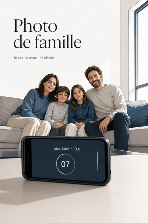 Photo originale d’une famille prise sur le canapé avec un angle inattendu et une lumière naturelle douce