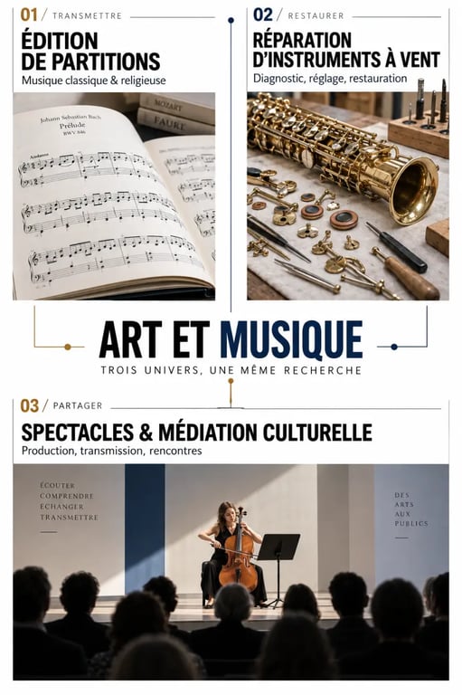 Art et musique : infographie des trois activités, édition musicale, réparation d’instruments à vent et production culturelle