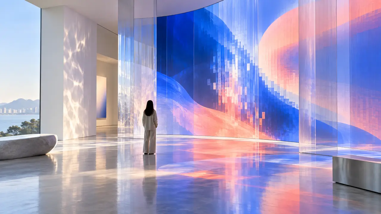 Installation numérique contemporaine dans un espace d'exposition aux formes douces