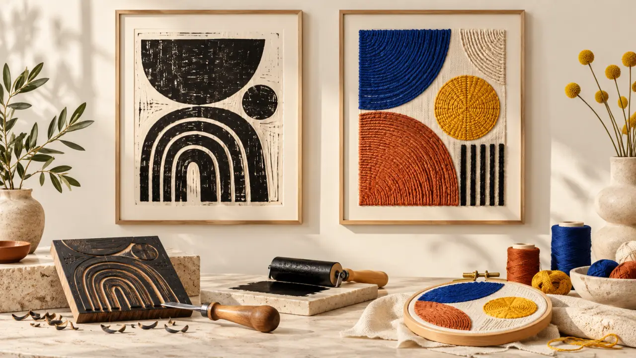 Composition artistique mêlant une linogravure et une broderie contemporaine pour l’art mural