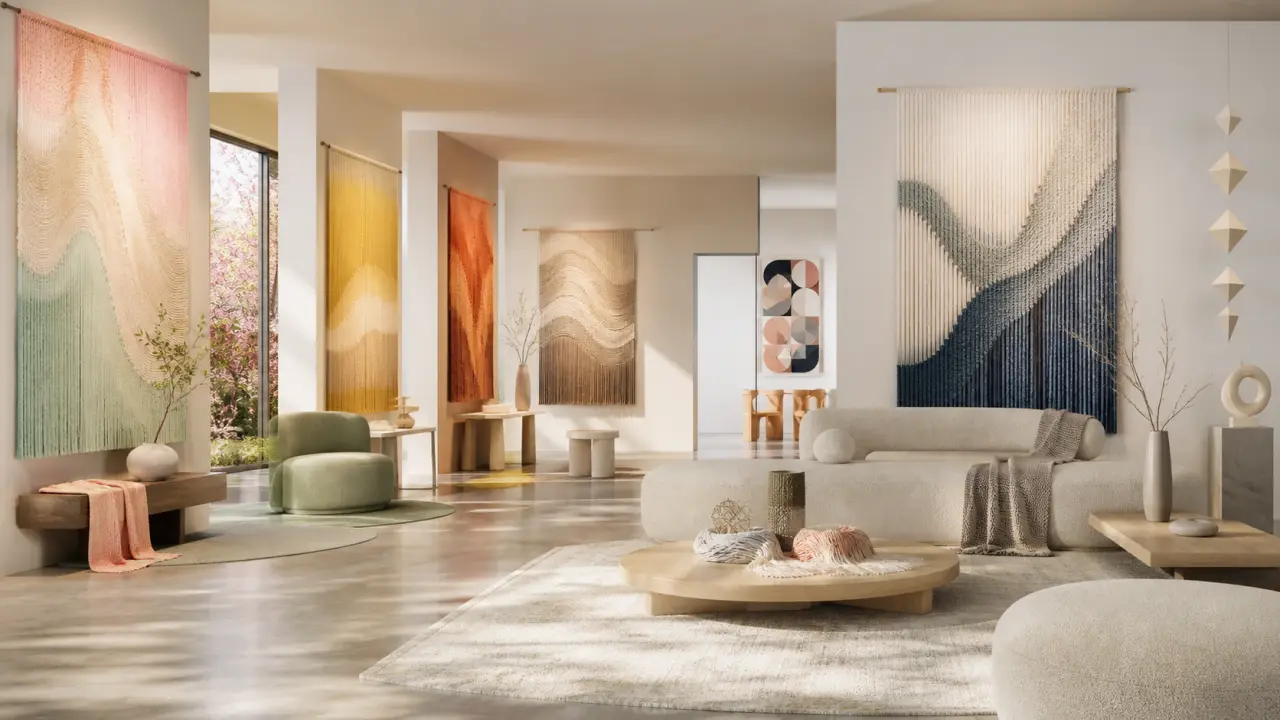 Composition 3D douce et pastel évoquant des textiles suspendus dans un intérieur apaisant